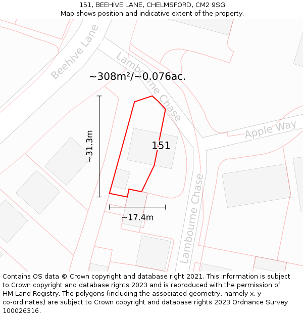 151, BEEHIVE LANE, CHELMSFORD, CM2 9SG: Plot and title map