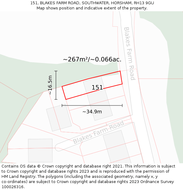 151, BLAKES FARM ROAD, SOUTHWATER, HORSHAM, RH13 9GU: Plot and title map