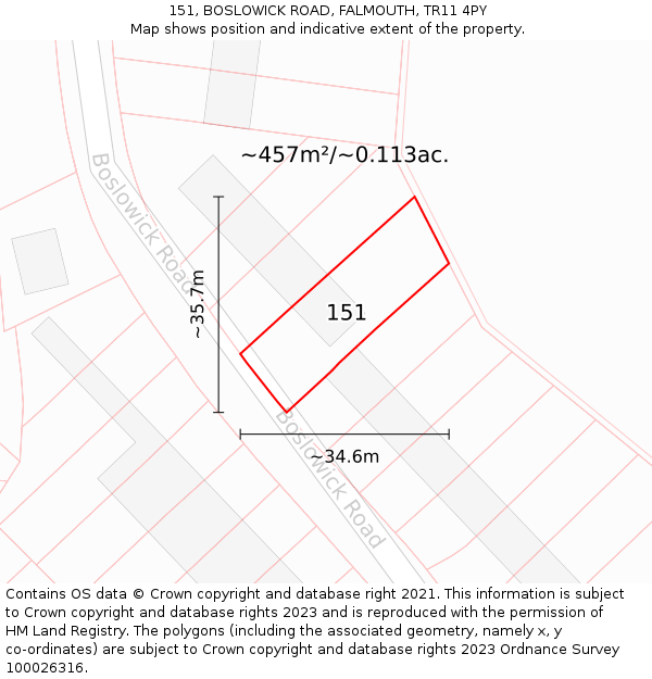 151, BOSLOWICK ROAD, FALMOUTH, TR11 4PY: Plot and title map