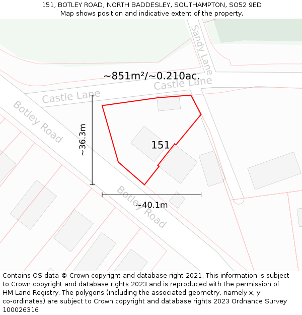 151, BOTLEY ROAD, NORTH BADDESLEY, SOUTHAMPTON, SO52 9ED: Plot and title map