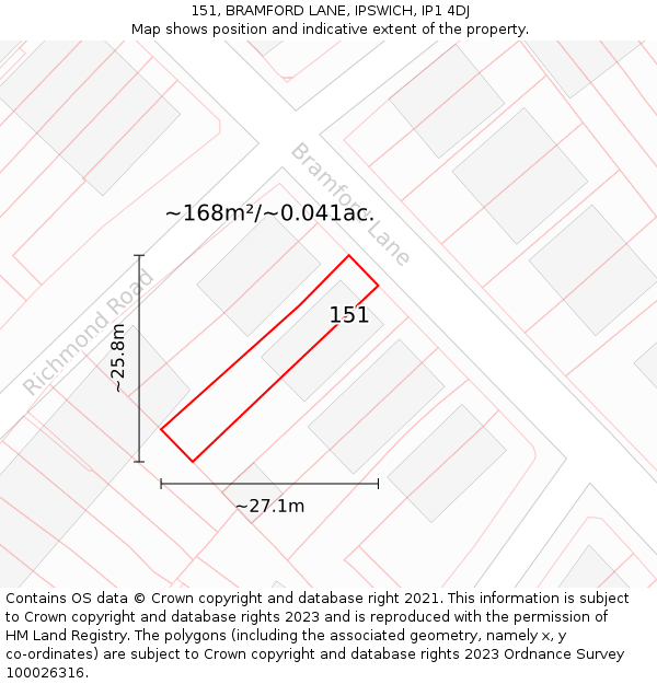 151, BRAMFORD LANE, IPSWICH, IP1 4DJ: Plot and title map