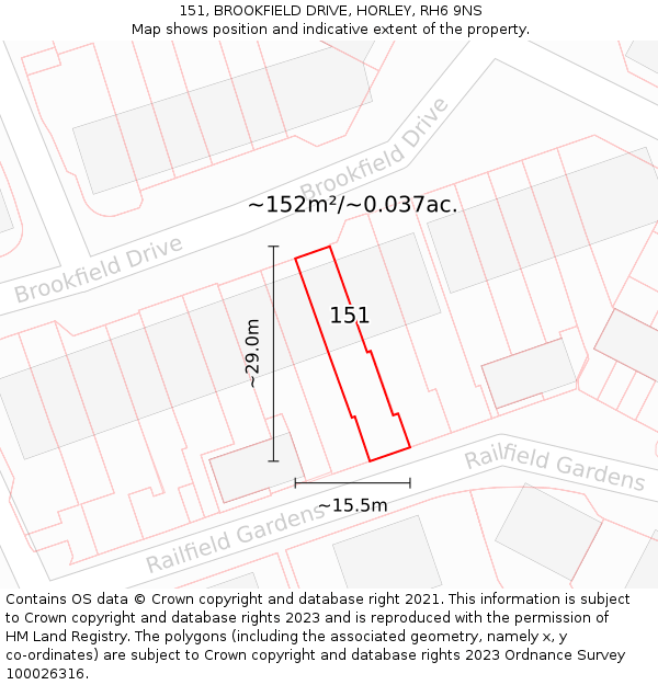 151, BROOKFIELD DRIVE, HORLEY, RH6 9NS: Plot and title map