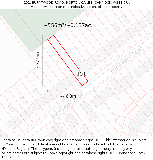 151, BURNTWOOD ROAD, NORTON CANES, CANNOCK, WS11 9RN: Plot and title map