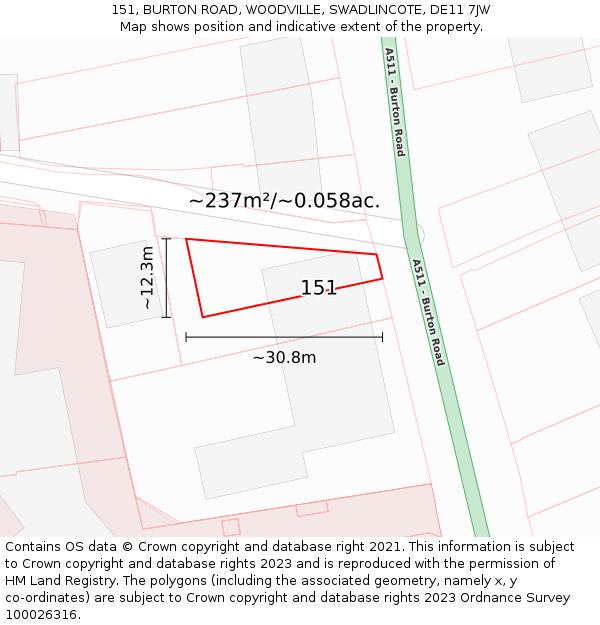 151, BURTON ROAD, WOODVILLE, SWADLINCOTE, DE11 7JW: Plot and title map