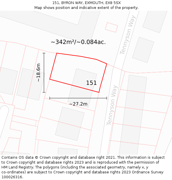 151, BYRON WAY, EXMOUTH, EX8 5SX: Plot and title map