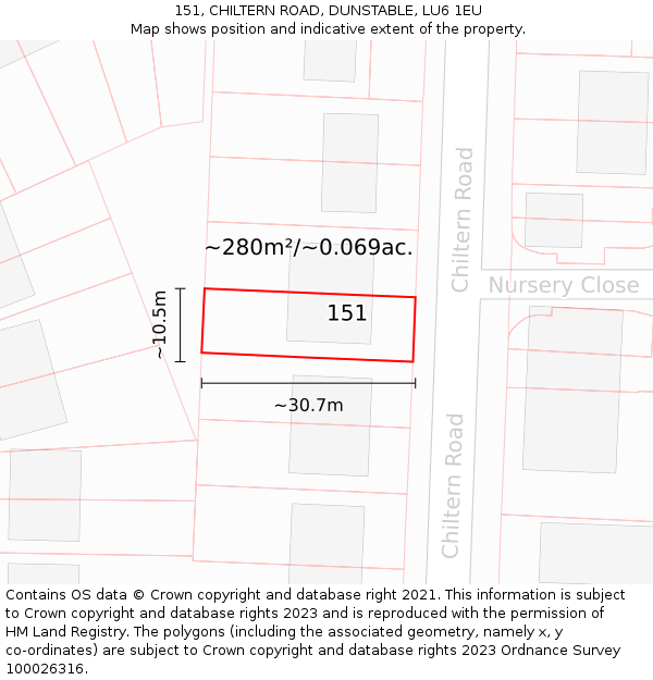 151, CHILTERN ROAD, DUNSTABLE, LU6 1EU: Plot and title map