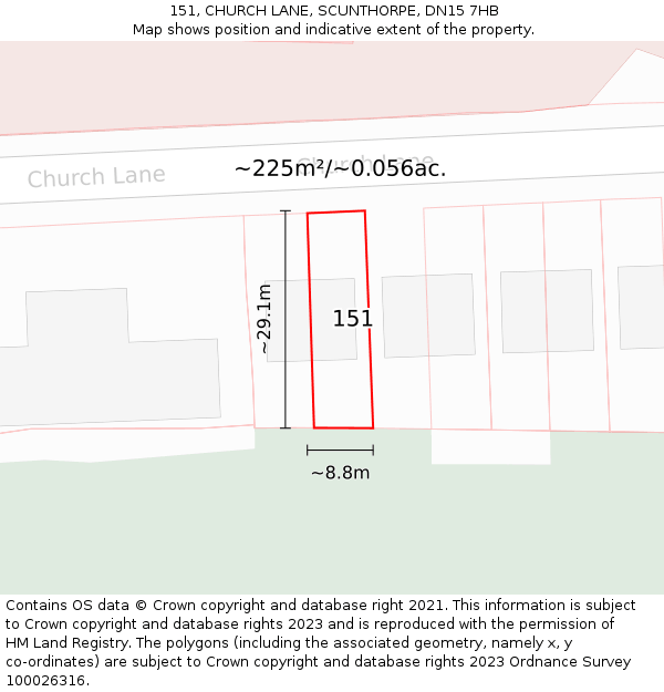 151, CHURCH LANE, SCUNTHORPE, DN15 7HB: Plot and title map