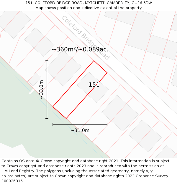 151, COLEFORD BRIDGE ROAD, MYTCHETT, CAMBERLEY, GU16 6DW: Plot and title map