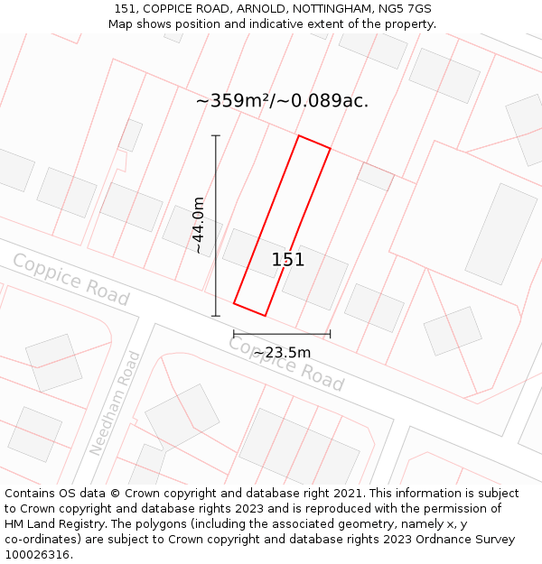 151, COPPICE ROAD, ARNOLD, NOTTINGHAM, NG5 7GS: Plot and title map