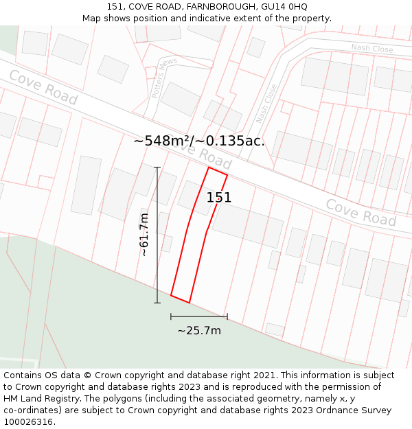 151, COVE ROAD, FARNBOROUGH, GU14 0HQ: Plot and title map