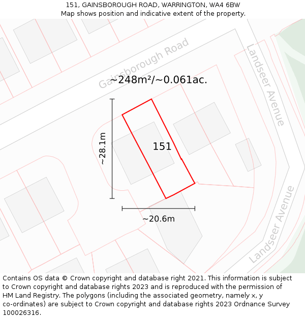 151, GAINSBOROUGH ROAD, WARRINGTON, WA4 6BW: Plot and title map