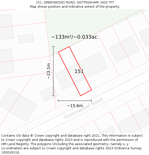 151, GREENWOOD ROAD, NOTTINGHAM, NG3 7FT: Plot and title map