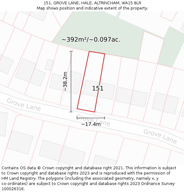 151, GROVE LANE, HALE, ALTRINCHAM, WA15 8LR: Plot and title map