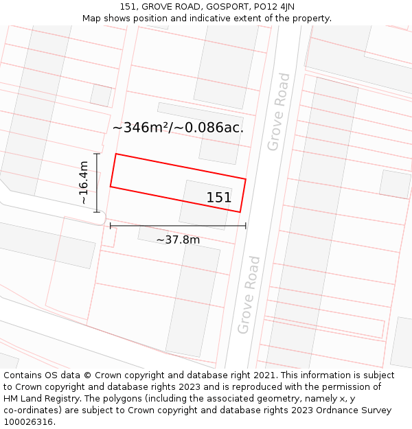 151, GROVE ROAD, GOSPORT, PO12 4JN: Plot and title map