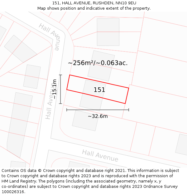 151, HALL AVENUE, RUSHDEN, NN10 9EU: Plot and title map