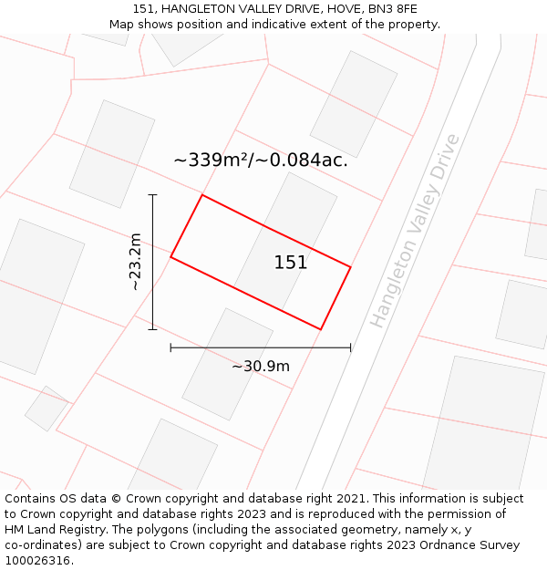 151, HANGLETON VALLEY DRIVE, HOVE, BN3 8FE: Plot and title map