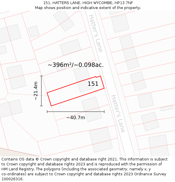 151, HATTERS LANE, HIGH WYCOMBE, HP13 7NF: Plot and title map