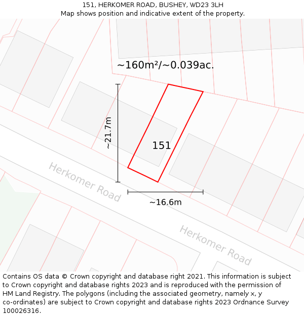 151, HERKOMER ROAD, BUSHEY, WD23 3LH: Plot and title map