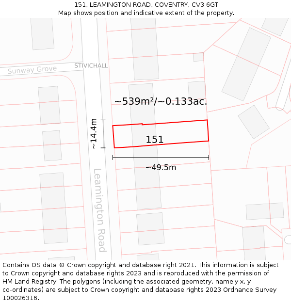 151, LEAMINGTON ROAD, COVENTRY, CV3 6GT: Plot and title map