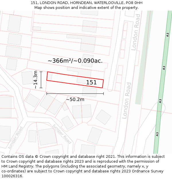 151, LONDON ROAD, HORNDEAN, WATERLOOVILLE, PO8 0HH: Plot and title map