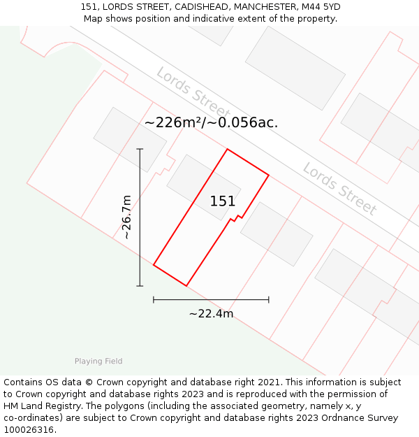 151, LORDS STREET, CADISHEAD, MANCHESTER, M44 5YD: Plot and title map