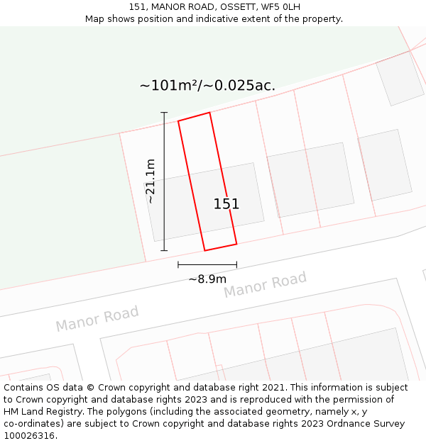 151, MANOR ROAD, OSSETT, WF5 0LH: Plot and title map