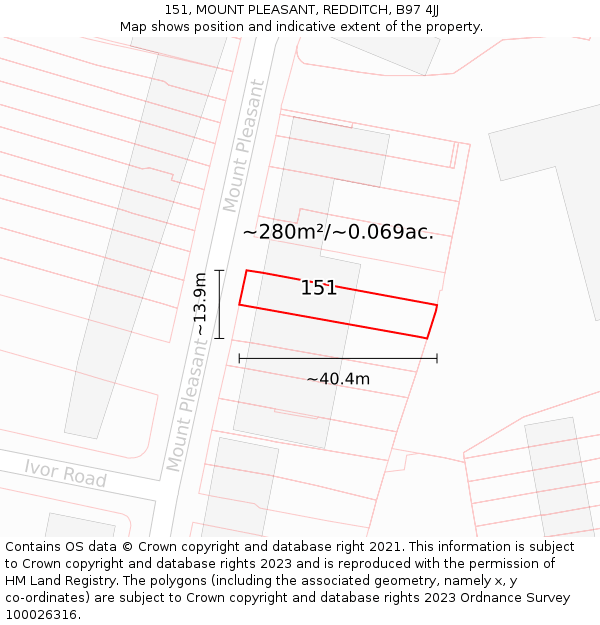 151, MOUNT PLEASANT, REDDITCH, B97 4JJ: Plot and title map