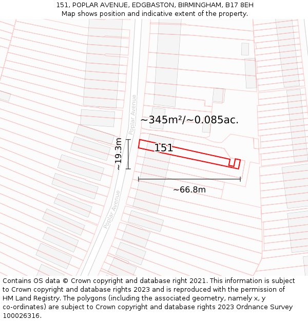 151, POPLAR AVENUE, EDGBASTON, BIRMINGHAM, B17 8EH: Plot and title map