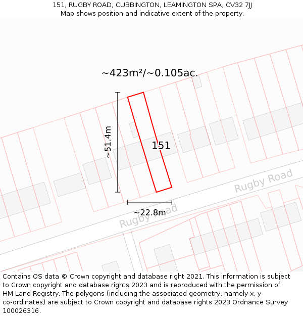 151, RUGBY ROAD, CUBBINGTON, LEAMINGTON SPA, CV32 7JJ: Plot and title map