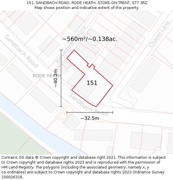 151, SANDBACH ROAD, RODE HEATH, STOKE-ON-TRENT, ST7 3RZ: Plot and title map