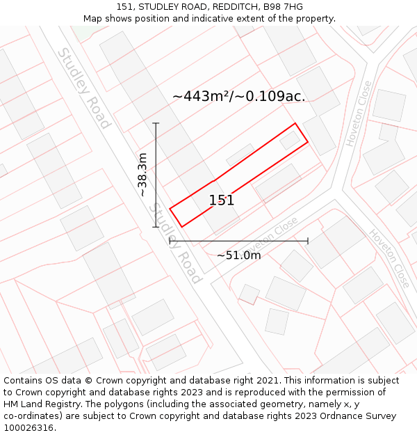 151, STUDLEY ROAD, REDDITCH, B98 7HG: Plot and title map