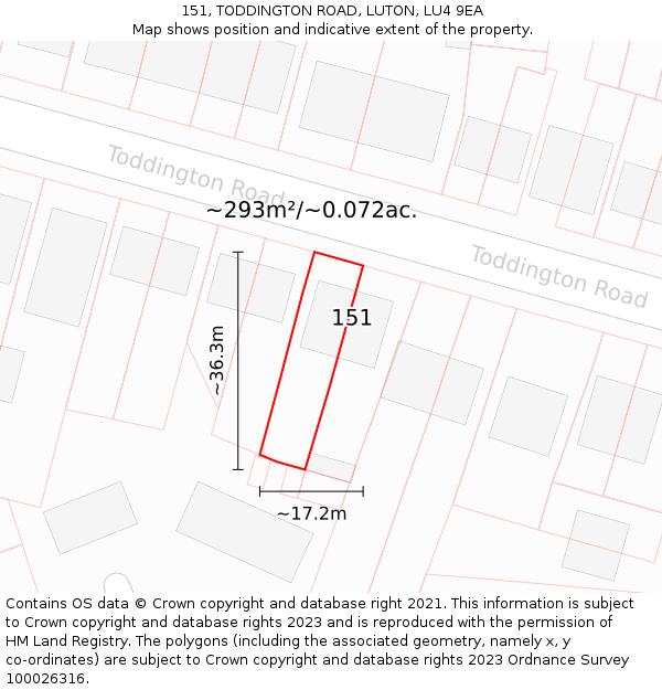 151, TODDINGTON ROAD, LUTON, LU4 9EA: Plot and title map