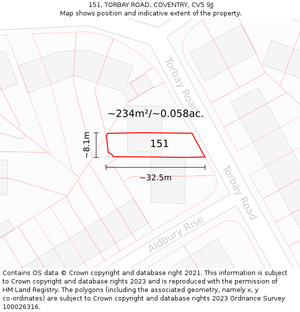 151, TORBAY ROAD, COVENTRY, CV5 9JJ: Plot and title map
