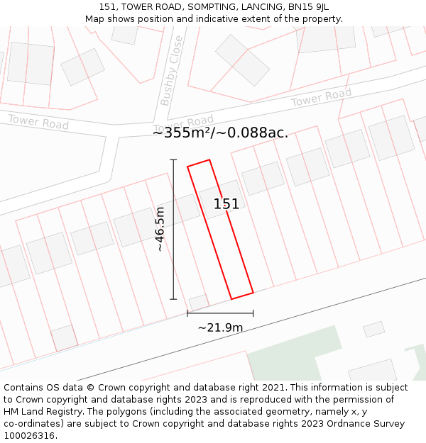 151, TOWER ROAD, SOMPTING, LANCING, BN15 9JL: Plot and title map