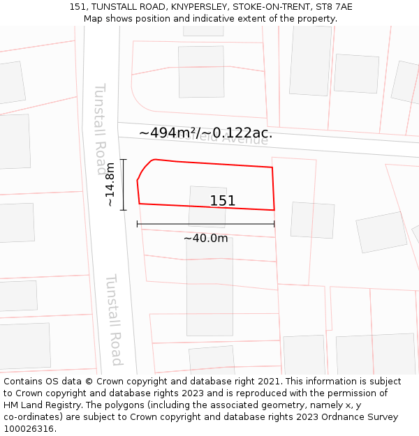 151, TUNSTALL ROAD, KNYPERSLEY, STOKE-ON-TRENT, ST8 7AE: Plot and title map