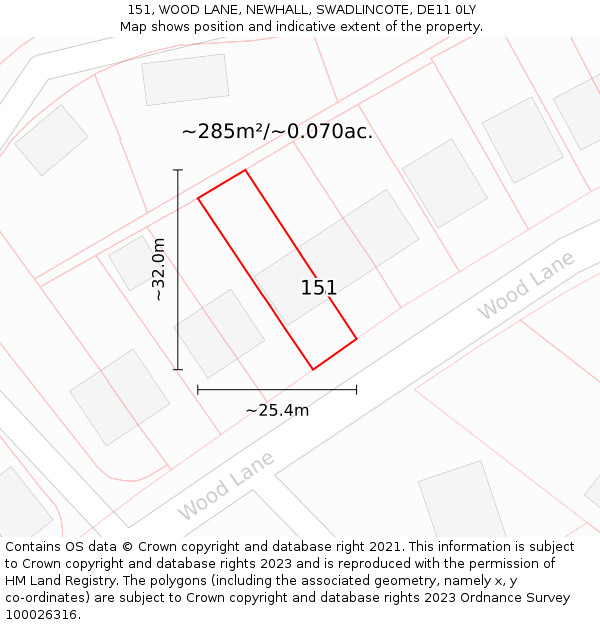 151, WOOD LANE, NEWHALL, SWADLINCOTE, DE11 0LY: Plot and title map