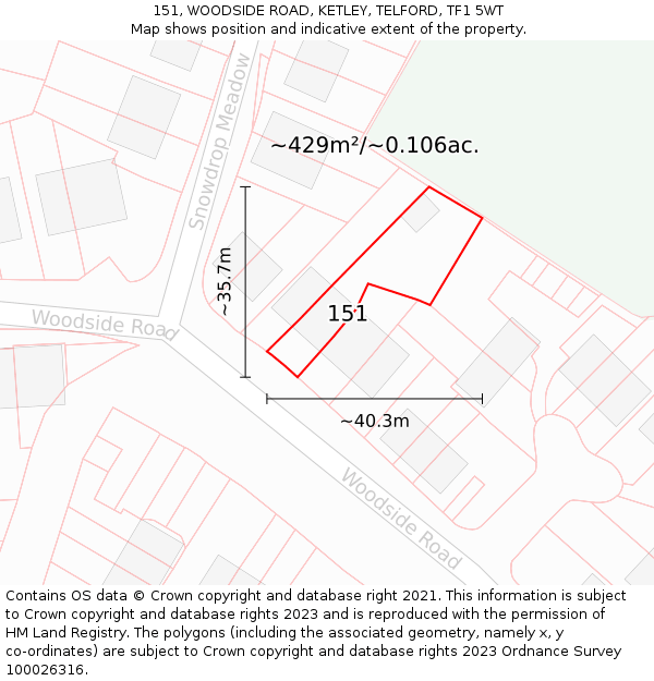 151, WOODSIDE ROAD, KETLEY, TELFORD, TF1 5WT: Plot and title map