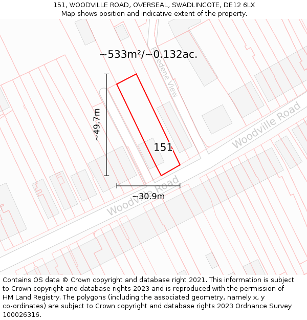 151, WOODVILLE ROAD, OVERSEAL, SWADLINCOTE, DE12 6LX: Plot and title map