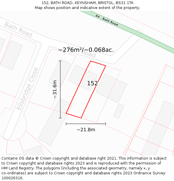 152, BATH ROAD, KEYNSHAM, BRISTOL, BS31 1TA: Plot and title map