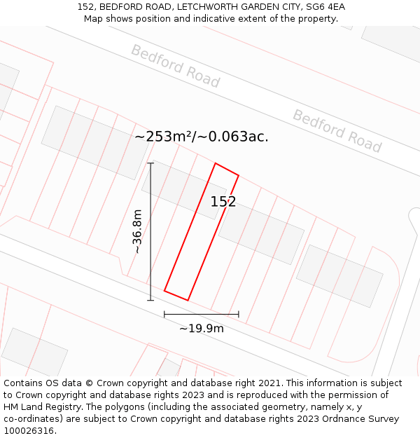 152, BEDFORD ROAD, LETCHWORTH GARDEN CITY, SG6 4EA: Plot and title map