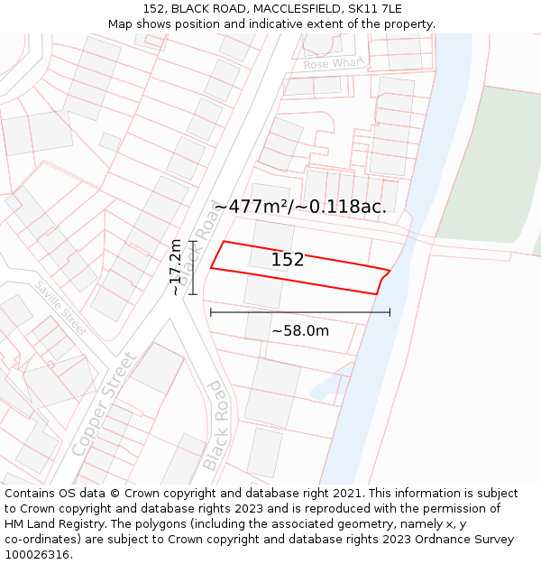 152, BLACK ROAD, MACCLESFIELD, SK11 7LE: Plot and title map