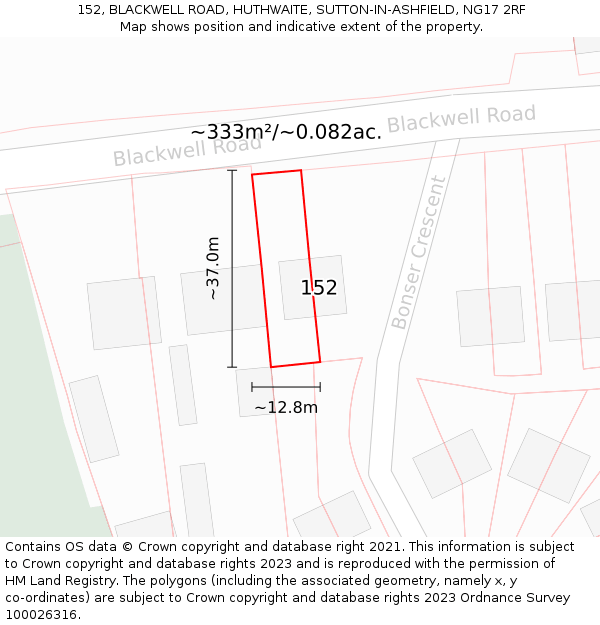 152, BLACKWELL ROAD, HUTHWAITE, SUTTON-IN-ASHFIELD, NG17 2RF: Plot and title map