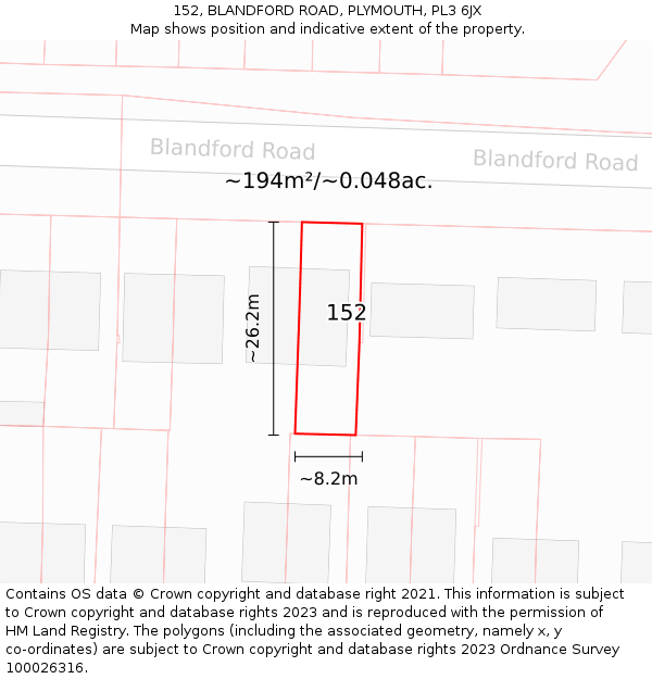 152, BLANDFORD ROAD, PLYMOUTH, PL3 6JX: Plot and title map