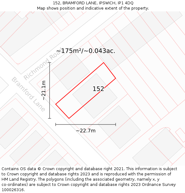 152, BRAMFORD LANE, IPSWICH, IP1 4DQ: Plot and title map