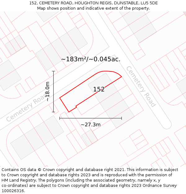 152, CEMETERY ROAD, HOUGHTON REGIS, DUNSTABLE, LU5 5DE: Plot and title map