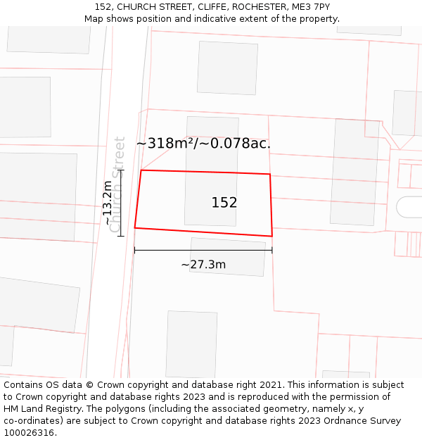 152, CHURCH STREET, CLIFFE, ROCHESTER, ME3 7PY: Plot and title map