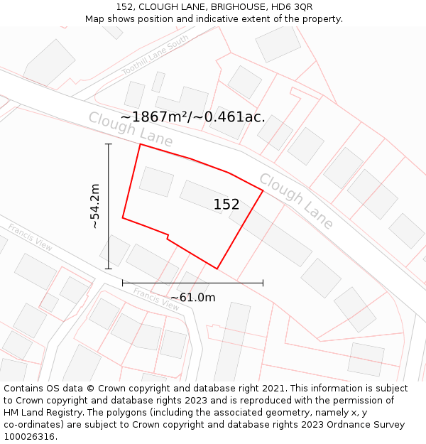 152, CLOUGH LANE, BRIGHOUSE, HD6 3QR: Plot and title map