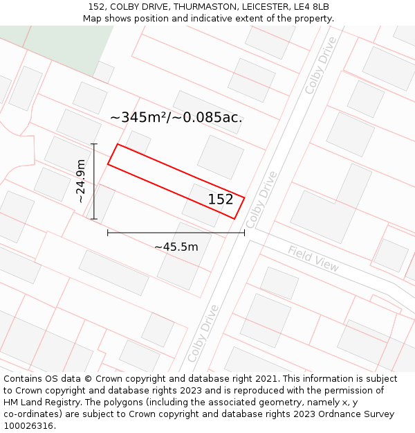 152, COLBY DRIVE, THURMASTON, LEICESTER, LE4 8LB: Plot and title map