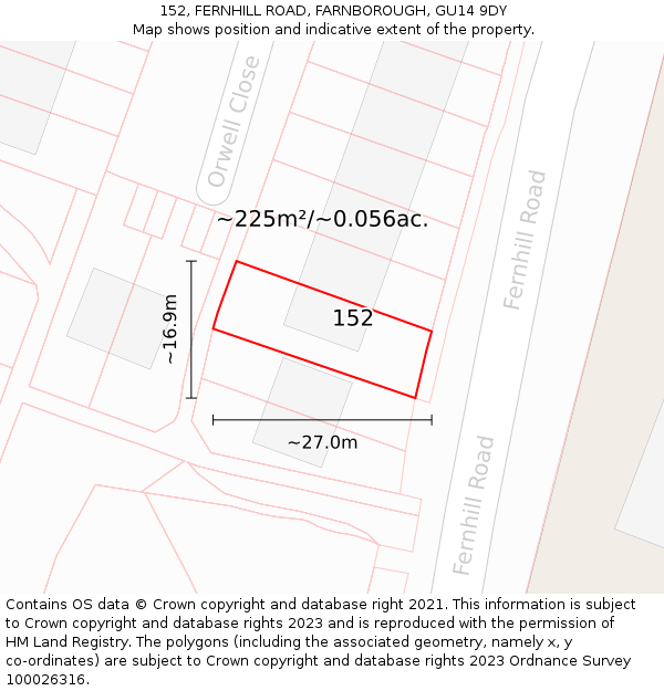 152, FERNHILL ROAD, FARNBOROUGH, GU14 9DY: Plot and title map