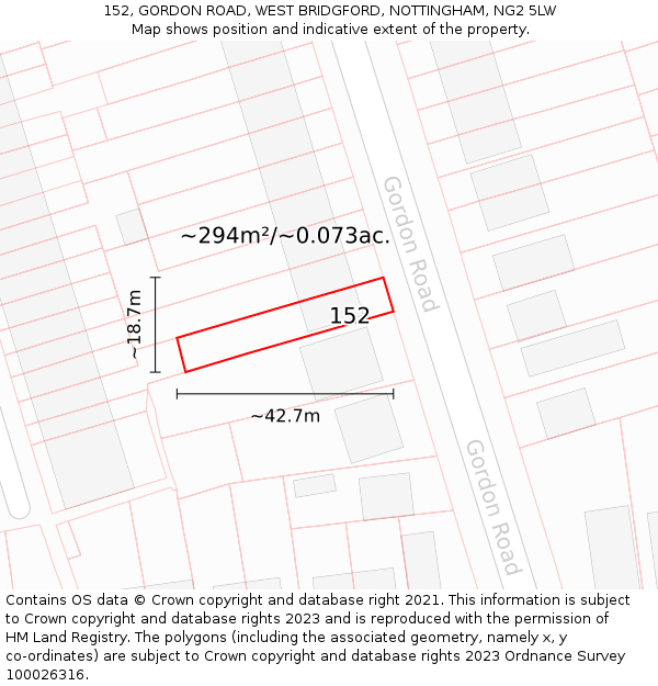 152, GORDON ROAD, WEST BRIDGFORD, NOTTINGHAM, NG2 5LW: Plot and title map